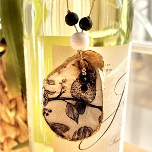 Natural Oyster Shell Decoupage Black and White Ornament/Wine Bottle Ornament